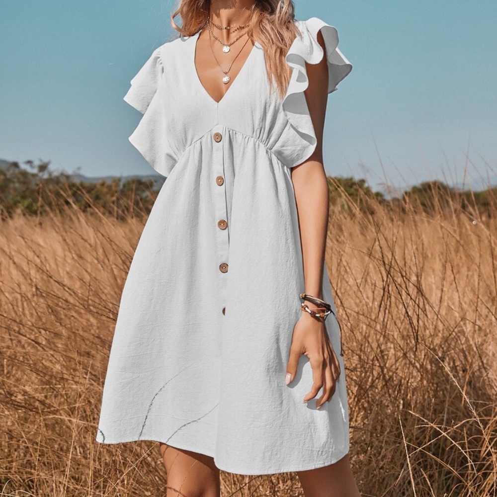 V neck button detail boho ruffle sleeve Red - Picture 5 of 16